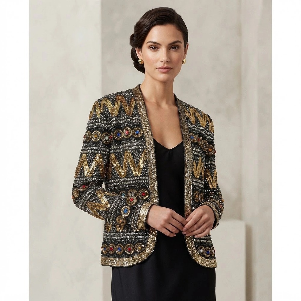Vintage NiteLine Heavy Beaded Sequin Evening Jacket Size S  Rhinestone Glam